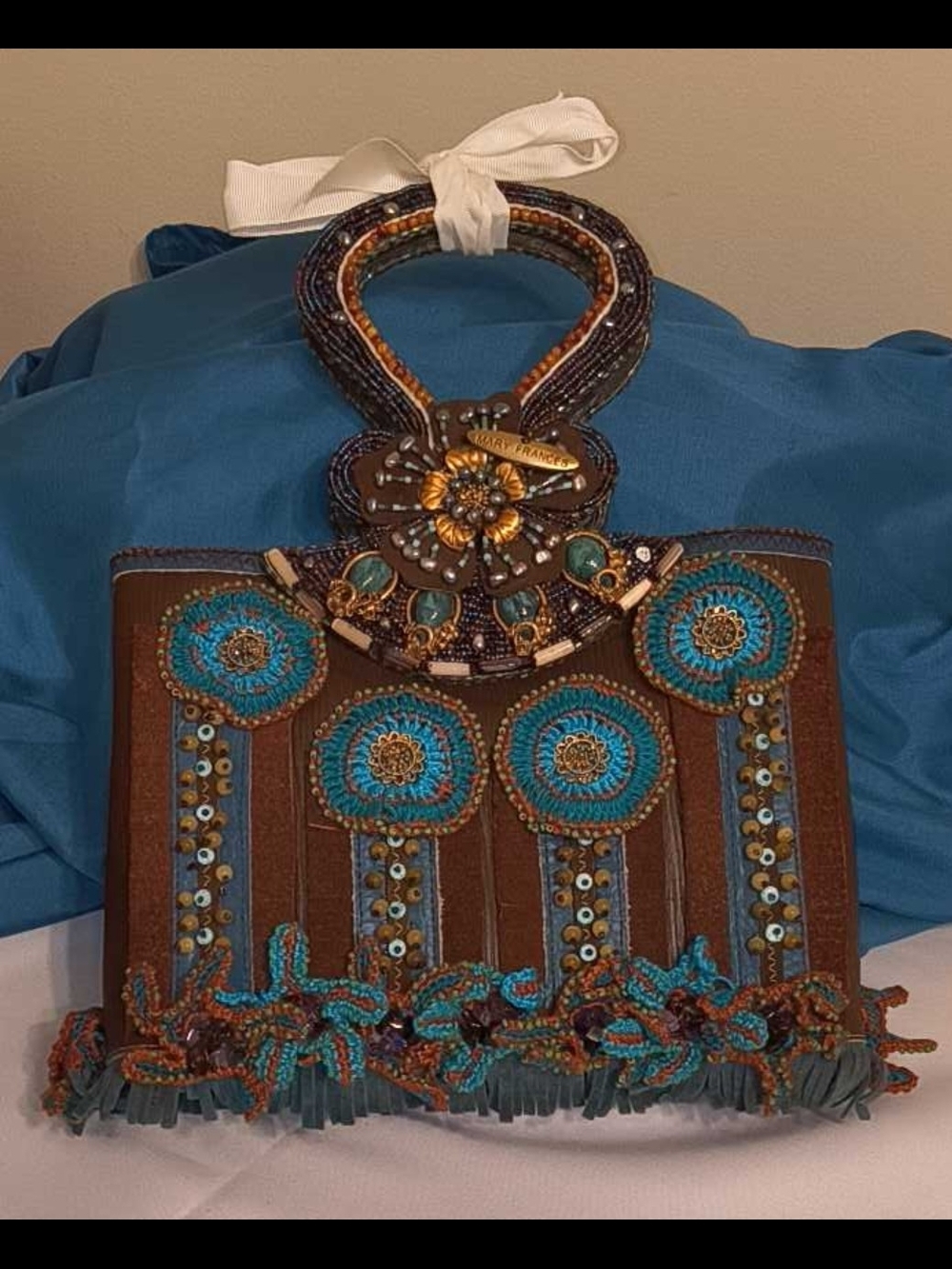 ​Mary Frances Beaded Boho Bag Amethyst Turquoise Fringe Purse